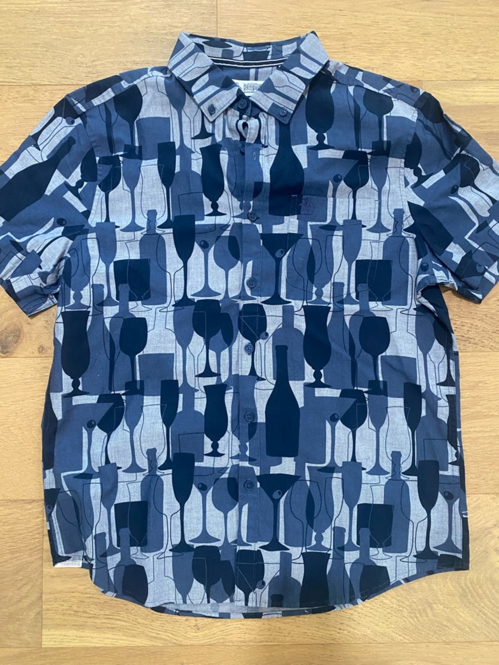 Original Penguin Men's chambray Navy Glassware Print Short-Sleeve Shirt M NWT